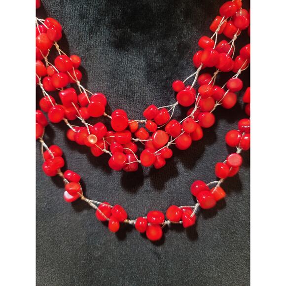 Women's Red Beaded Multi Strand Necklace With Lobster Clasp Handmade Jewelry - Picture 3 of 6